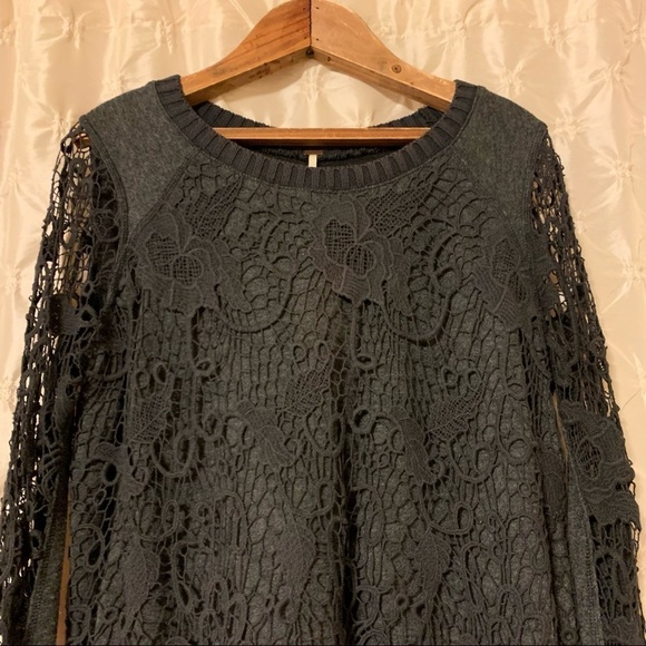 Free People “Pretty Rad” Sweater Gray Lace Crochet Split Back Knit - Picture 4 of 15